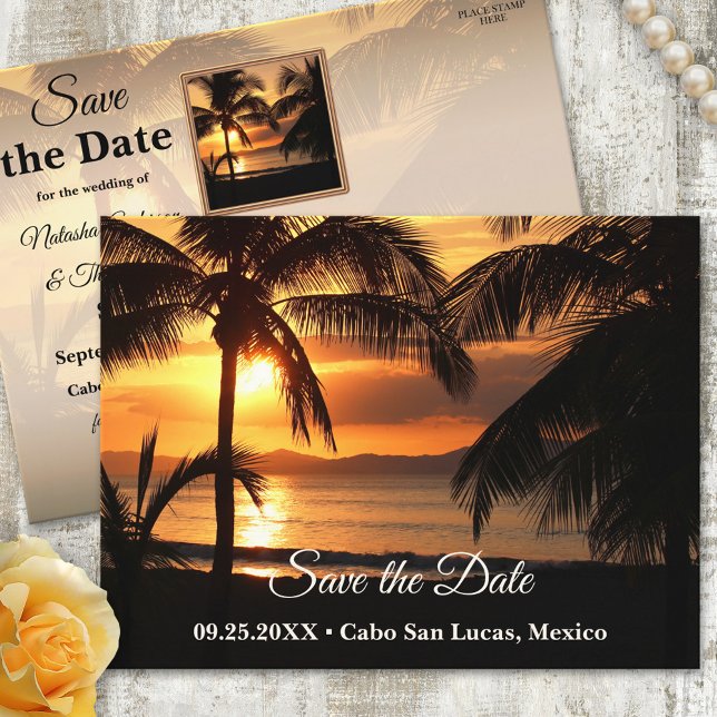 Tropical Sunset Beach Save the Date Postcard (Creator Uploaded)