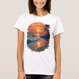 Tropical Sunset Beach Scene Wall Art T-Shirt