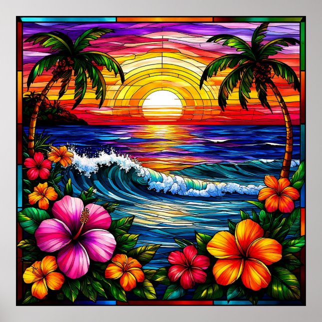 Tropical Sunset Beach Scene with Vibrant Flowers Poster (Front)