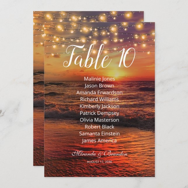 Tropical Sunset Beach Table Seating Chart Card (Front/Back)