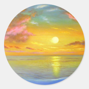Tropical Sunset Beach View Seascape Painting Classic Round Sticker
