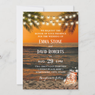 Tropical Sunset Beach Wedding Glow Mason Jar Invitation