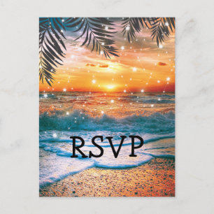 Tropical Sunset Beach Wedding RSVP Invitation Postcard
