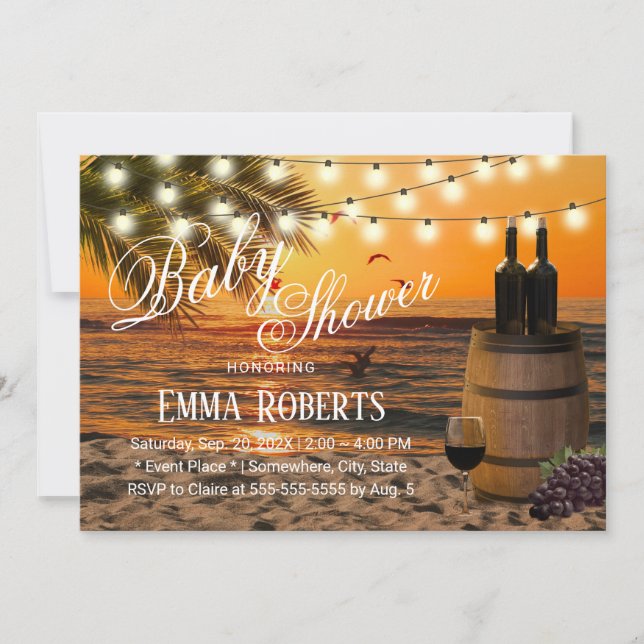 Tropical Sunset Beach Wine Barrel Baby Shower Invitation (Front)