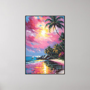 Tropical Sunset Beach with Palm Trees and Huts  Canvas Print