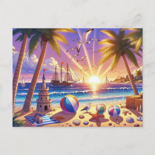 Tropical Sunset Beach with Sailing Ship Postcard