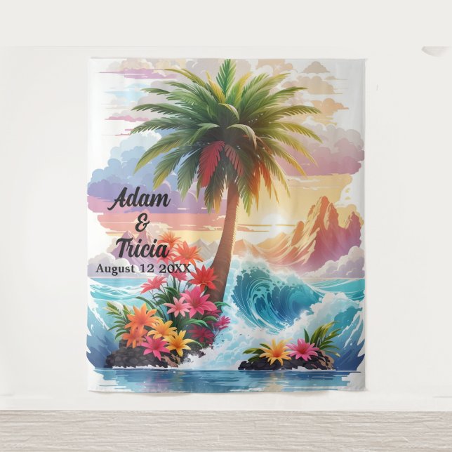 Tropical Sunset Escape Wedding Backdrop Tapestry (Front)