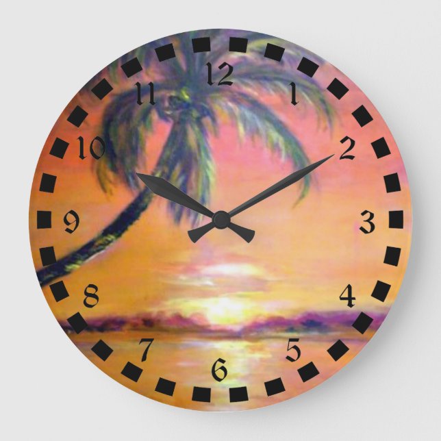 Tropical Sunset, fine art painting Large Clock (Front)