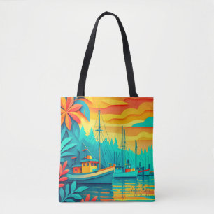Tropical Sunset Fishing Boats Tote Bag