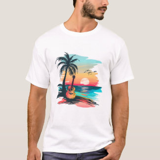 Tropical Sunset Guitar Beach Art | Summer Music Pa T-Shirt