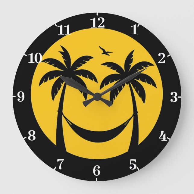 Tropical Sunset Hammock – Minimal Palm Trees Beach Large Clock (Front)