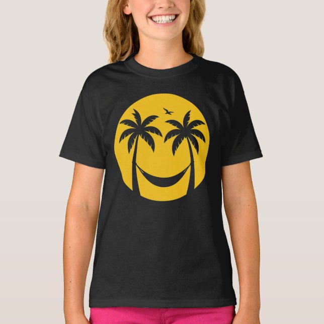 Tropical Sunset Hammock – Minimal Palm Trees Beach T-Shirt (Front)