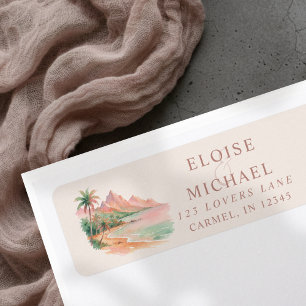 Tropical Sunset Island Beach Watercolor Wedding Return Address Label