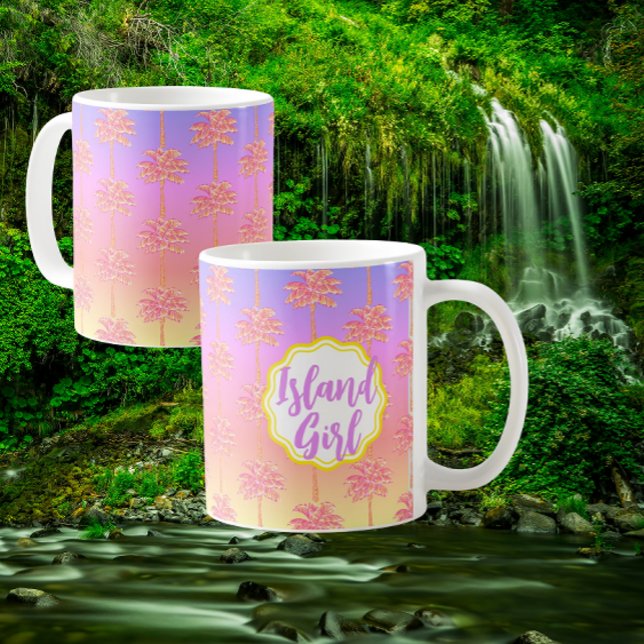 Tropical Sunset Island Girl Pink Palm Tree Mug (Personalize it!)