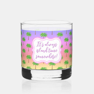 Tropical Sunset Island Time Green Palm Tree Whiskey Glass