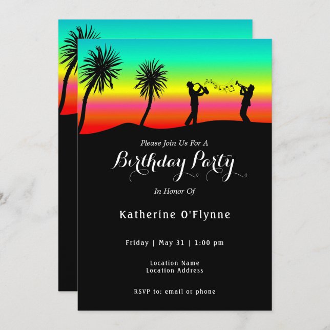 Tropical Sunset Musicians Silhouette Birthday Invitation (Front/Back)