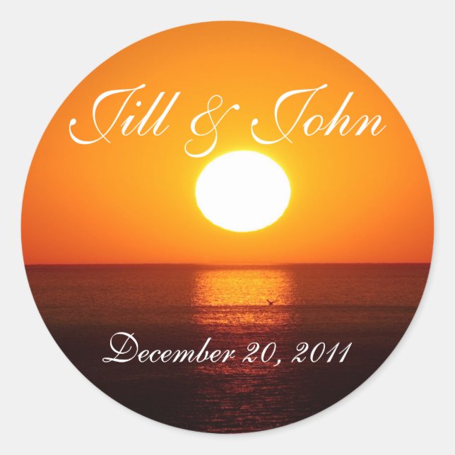Tropical Sunset Names and Date Wedding Sticker (Front)