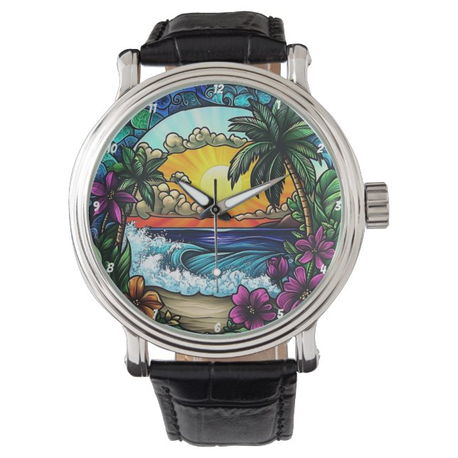 Tropical Sunset Oasis Vibrant Beach Wall Watch (Front)