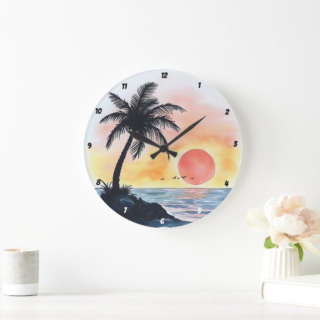 Tropical Sunset Ocean Scene with Palm Trees Large Clock (Home)