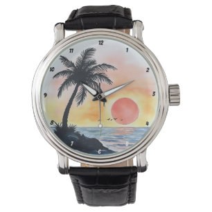 Tropical Sunset Ocean Scene with Palm Trees Watch
