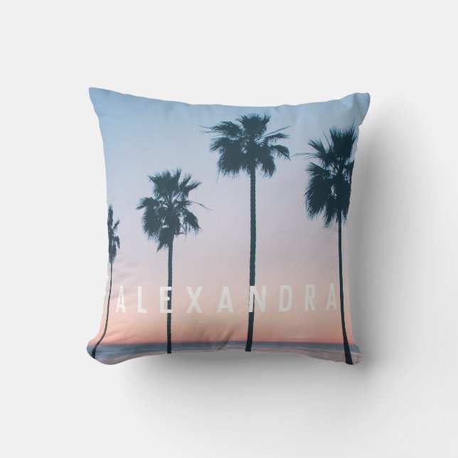 Tropical Sunset Ombre Pink & Blue Palm Tree Cushion (Front)