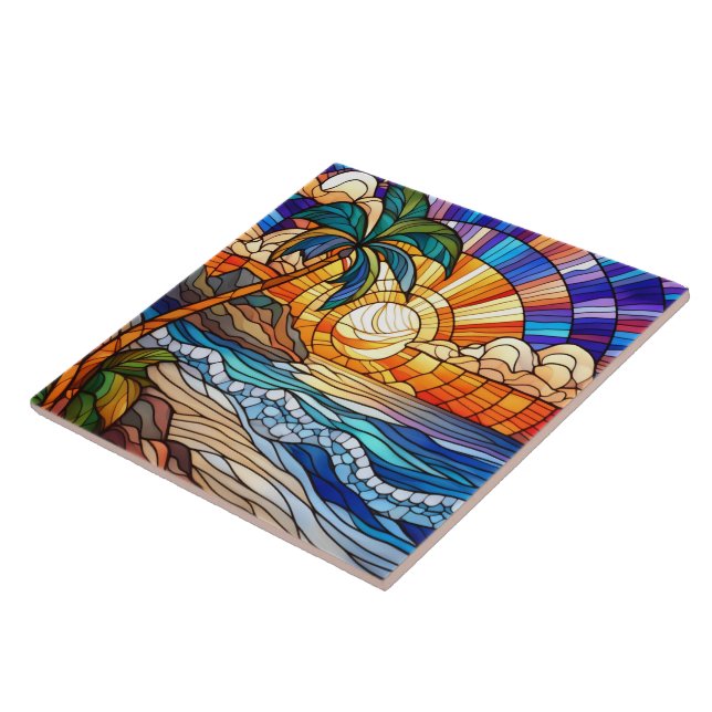 Tropical sunset on beach stained glass art ceramic tile (Side)