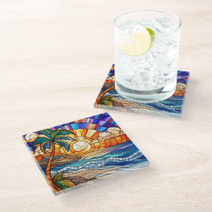 Tropical sunset on beach stained glass art glass coaster