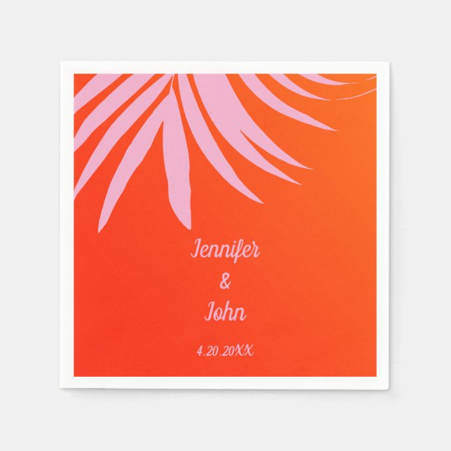 Tropical Sunset Orange Pink Palm Leaf Wedding Napkin (Front)