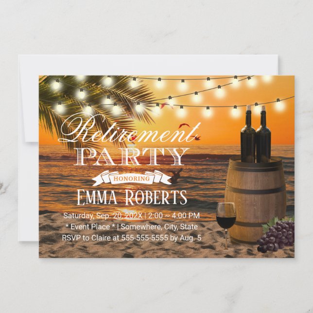 Tropical Sunset Palm Beach Wine Barrel Retirement Invitation (Front)