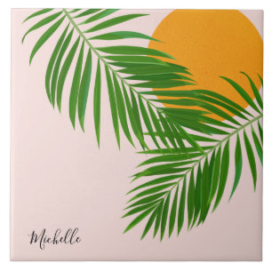 Tropical Sunset Palm Leaves Minimalist Pink Name Ceramic Tile