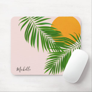 Tropical Sunset Palm Leaves Minimalist Pink Name Mouse Pad
