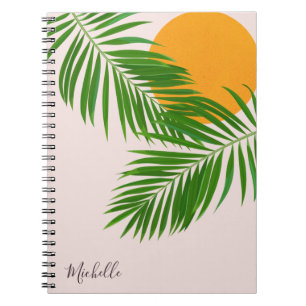 Tropical Sunset Palm Leaves Minimalist Pink Name Notebook