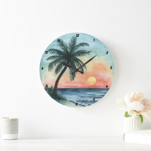 Tropical Sunset Palm Ocean Waves Large Clock