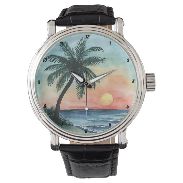 Tropical Sunset Palm Ocean Waves Watch (Front)