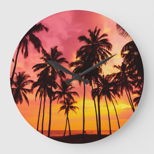 Tropical Sunset: Palm Silhouette Serenity. Large Clock (Front)