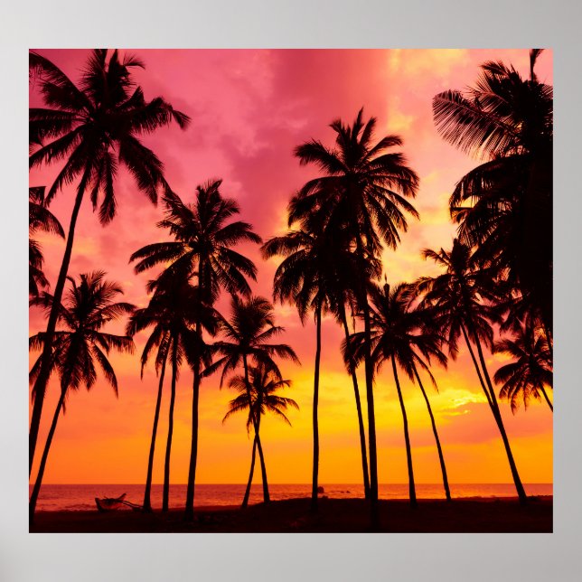 Tropical Sunset: Palm Silhouette Serenity. Poster (Front)