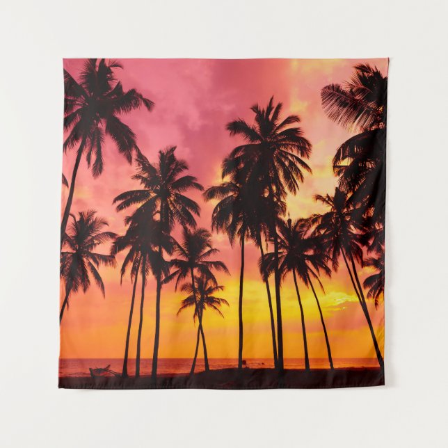 Tropical Sunset: Palm Silhouette Serenity. Tapestry (Front)