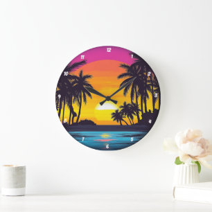 Tropical Sunset Palm Tree Beach Large Clock