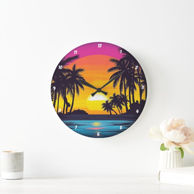 Tropical Sunset Palm Tree Beach Large Clock (Home)