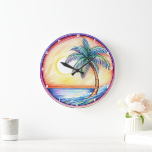 Tropical Sunset Palm Tree Beach Large Clock