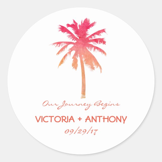 Tropical Sunset Palm Tree Beach Wedding Classic Round Sticker (Front)