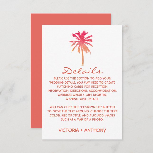 Tropical Sunset Palm Tree Beach Wedding Detail Enclosure Card (Front/Back)