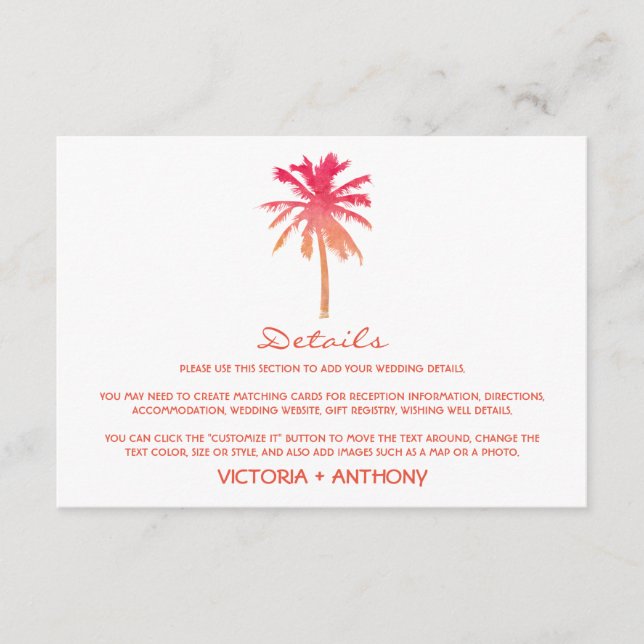 Tropical Sunset Palm Tree Beach Wedding Detail Enclosure Card (Front)