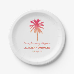 Tropical Sunset Palm Tree Beach Wedding Paper Plate