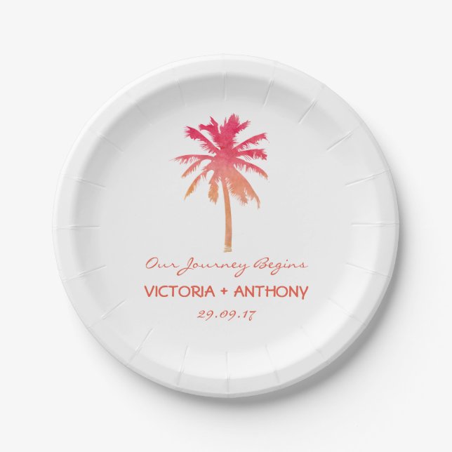 Tropical Sunset Palm Tree Beach Wedding Paper Plate (Front)