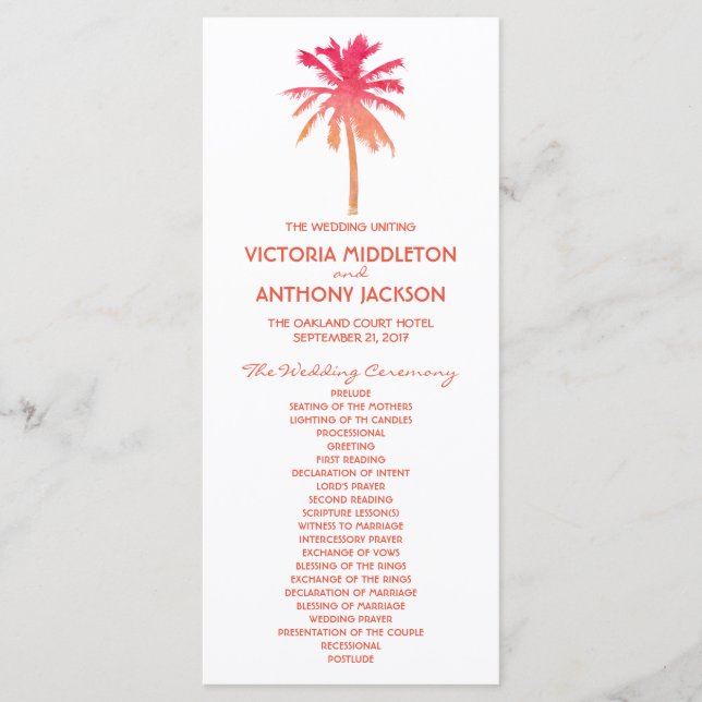 Tropical Sunset Palm Tree Beach Wedding Program (Front)
