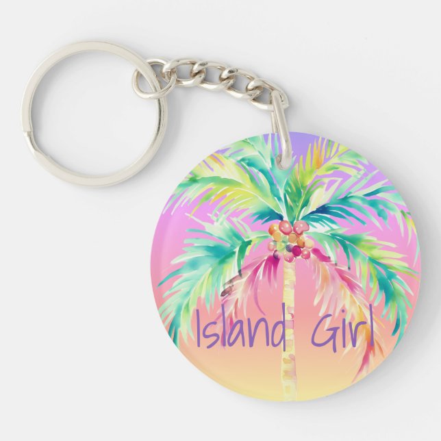  Tropical Sunset Palm Tree Island Girl Key Ring (Front)