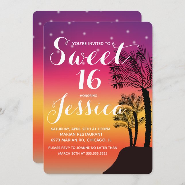 Tropical Sunset Palm Tree Tropical Sweet 16 Invitation (Front/Back)