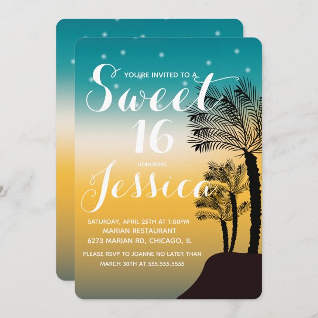 Tropical Sunset Palm Tree Tropical Sweet 16 Invitation (Front/Back)