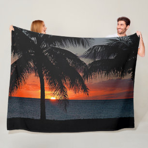 Tropical Sunset Palm Trees Beach Fleece Blanket